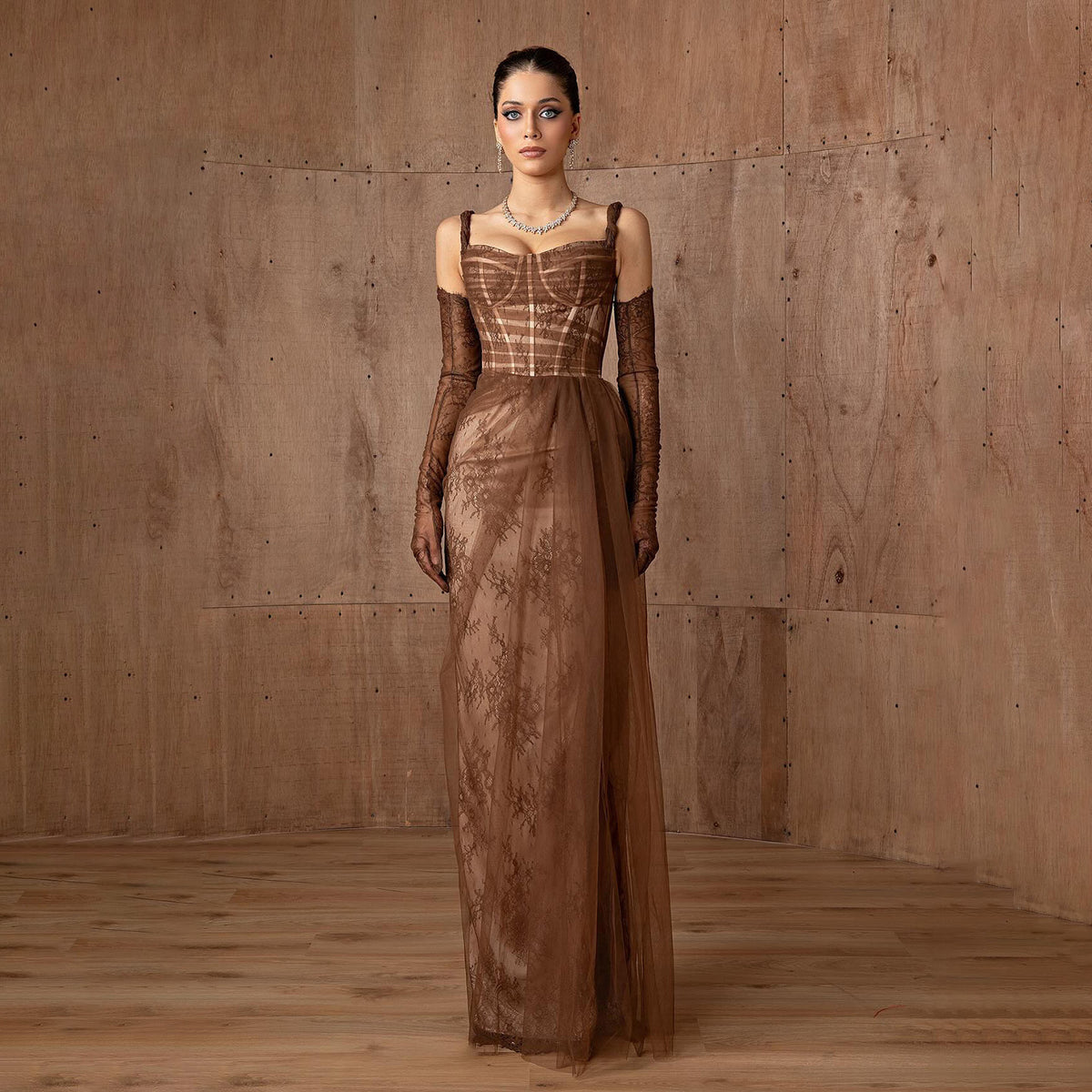 Elegant Brown Straps Lace Evening Dress with Gloves SF374