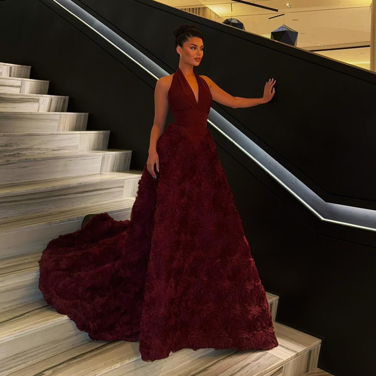 Gorgeous 3D Floral Burgundy V-Neck Evening Dress SF197