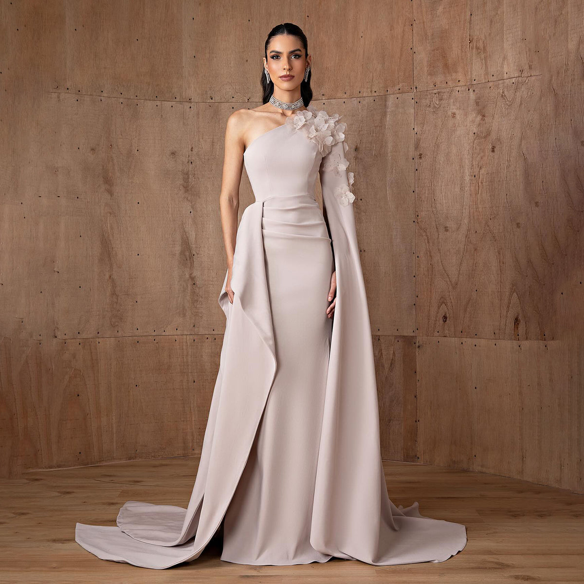 Gorgeous 3D Beads Floral Dusty Pink Evening Dress with Cape Sleeve SF555