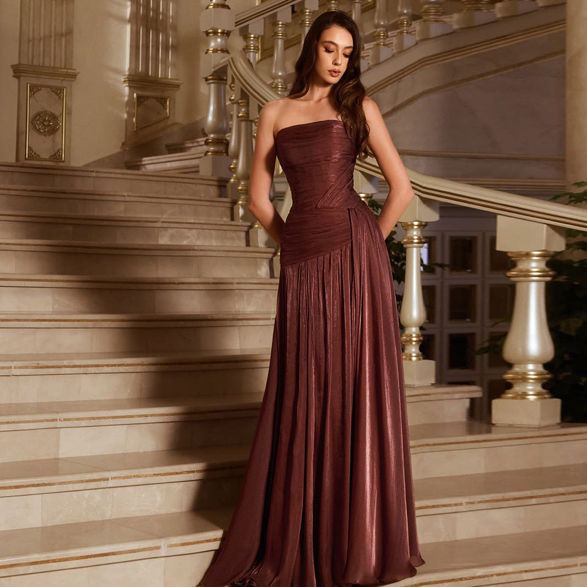 Chic Strapless Rust Red Pleated Evening Dress with Overskirt SF175 – Sharon Said Chic Strapless Rust Red Pleated Evening Dress with Overskirt SF175 – Sharon Said