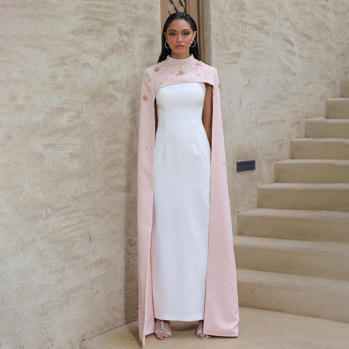 Luxury White Sheath Evening Dress with Crystal Cape SF251