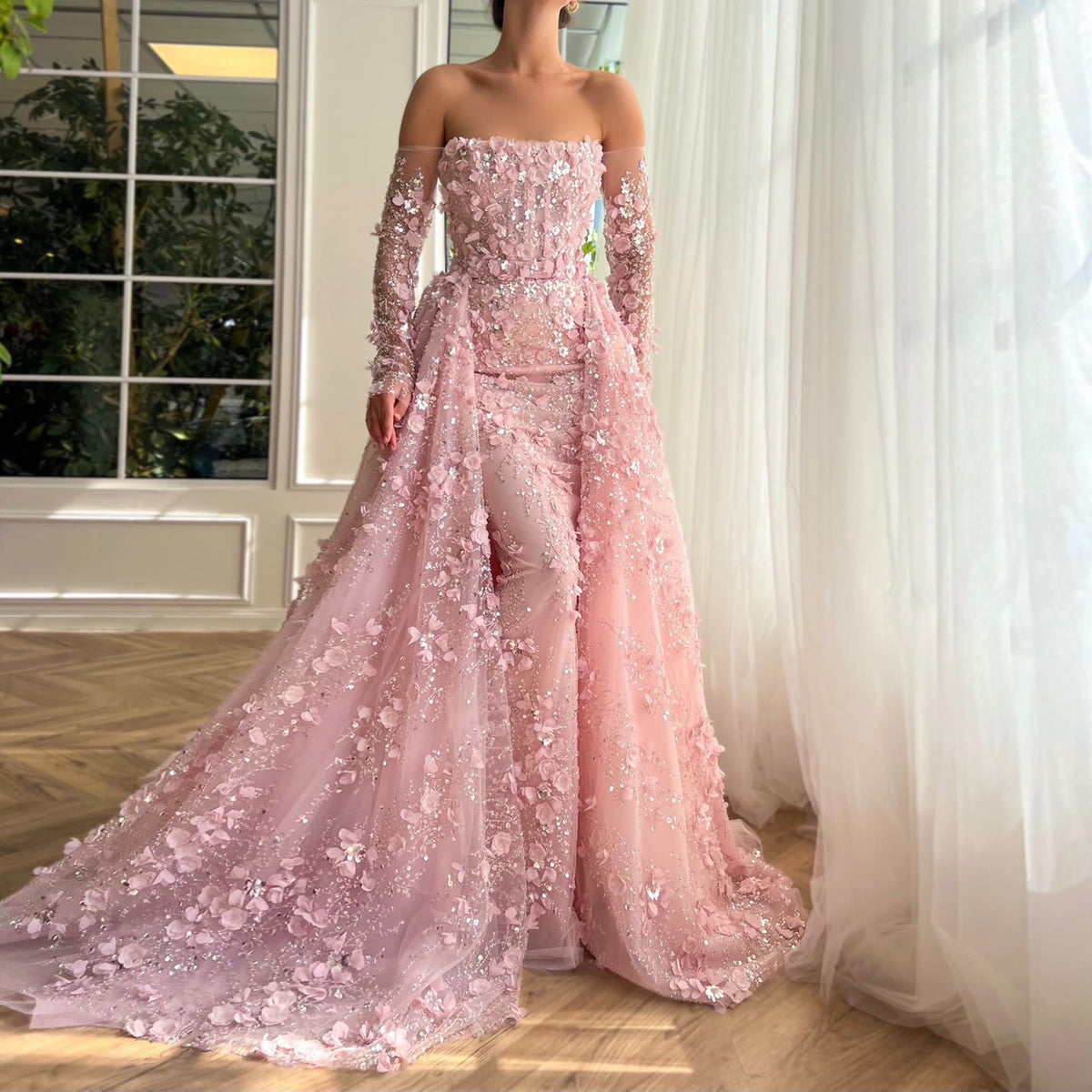 Elegant 3D Flowers Pink Evening Dress with Overskirt SS352