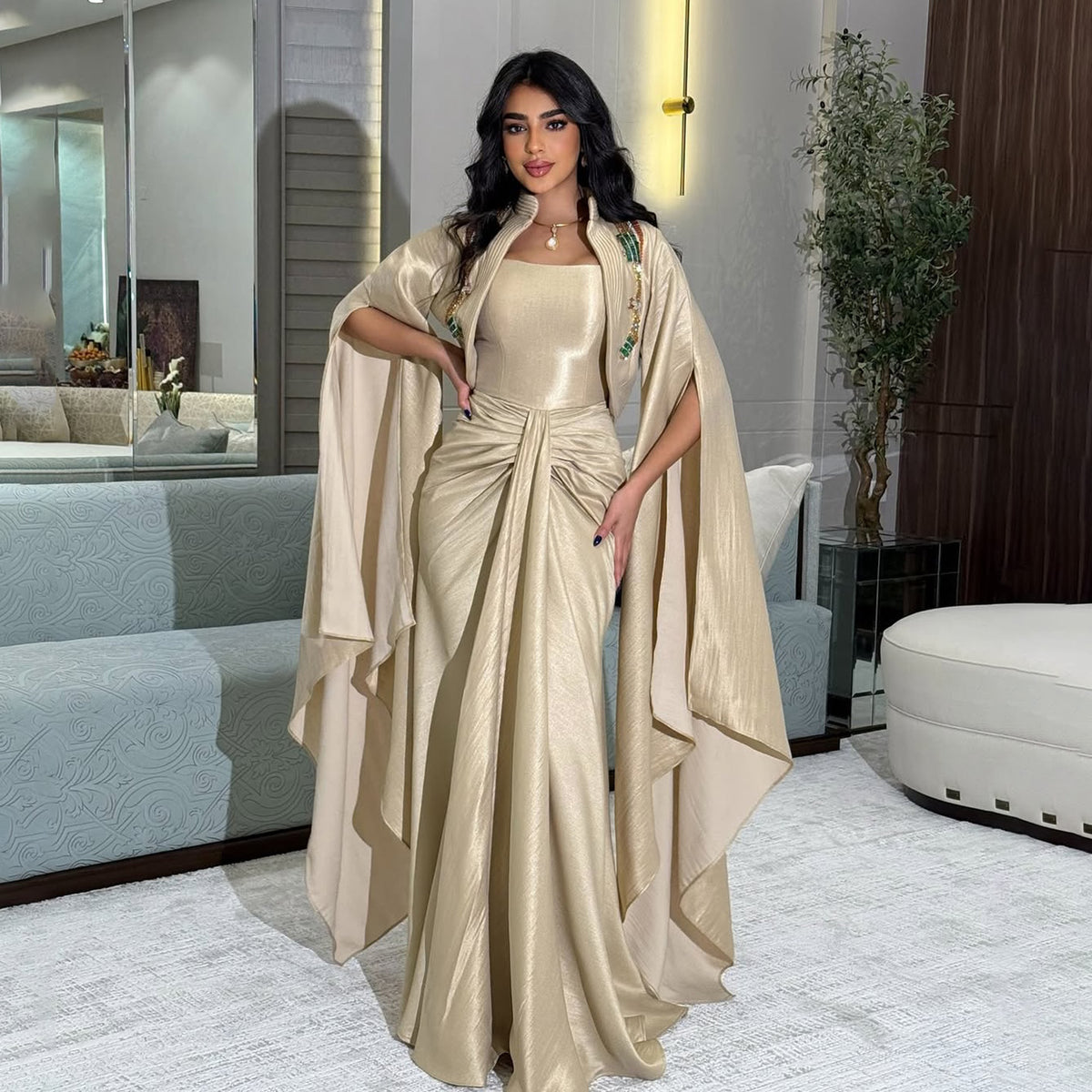Elegant Beaded Champagne Draped Evening Dress with Cape SF198