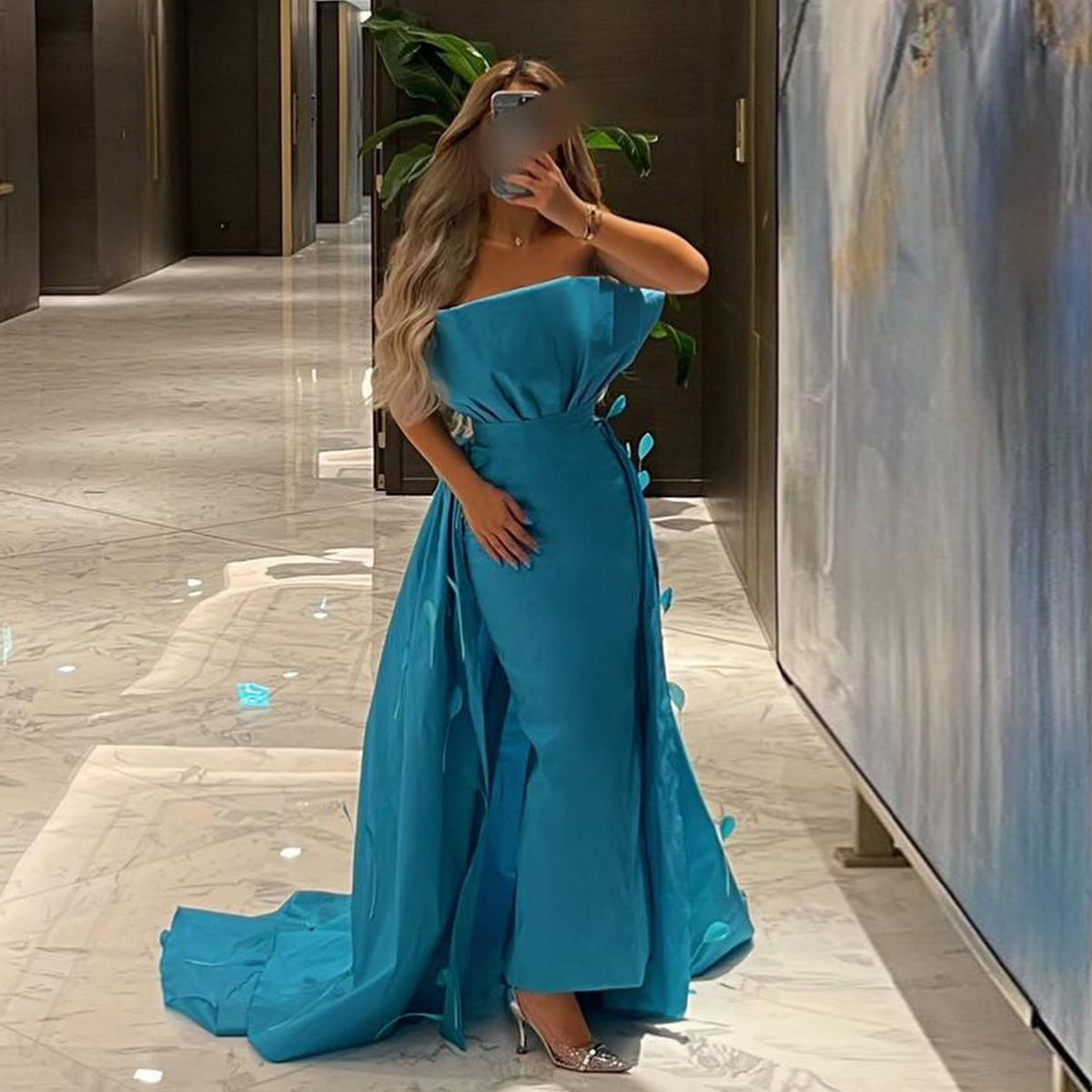 Elegant Feathers Blue Strapless Satin Evening Dress with Overskirt SF010