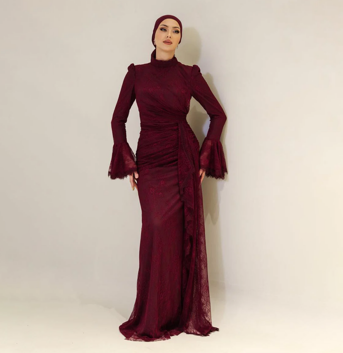 Elegant Burgundy High Neck Long Sleeves Lace Evening Dress SF484