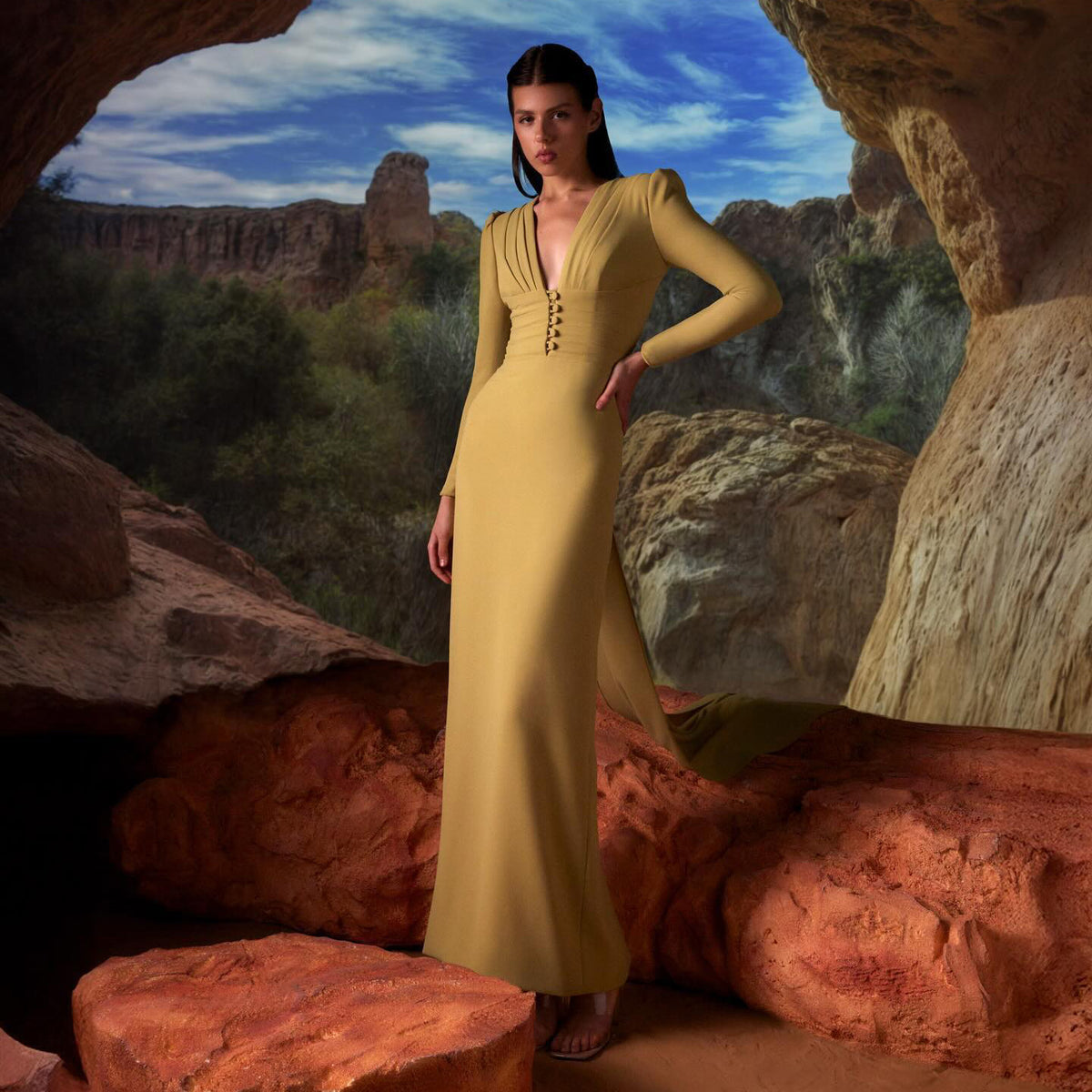 Elegant Yellow Long Sleeves V-Neck Evening Dress SF173