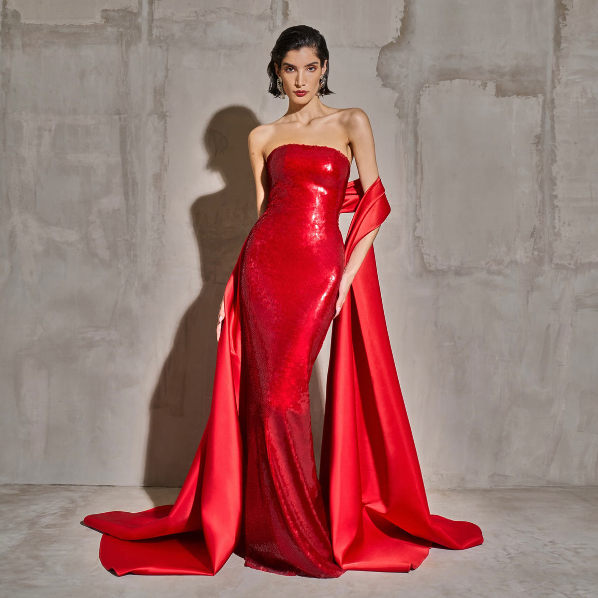 Luxury Red Sequin Mermaid Back-Slit Evening Dress with Cape SF436