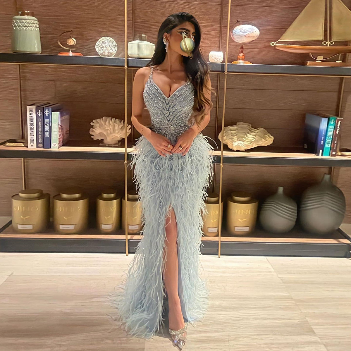 Luxury Beaded Blue Mermaid Feathers Evening Dress SS004