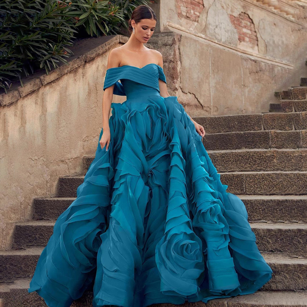 Elegant Off-Shoulder Blue A-Line Pleats Evening Dress SF252