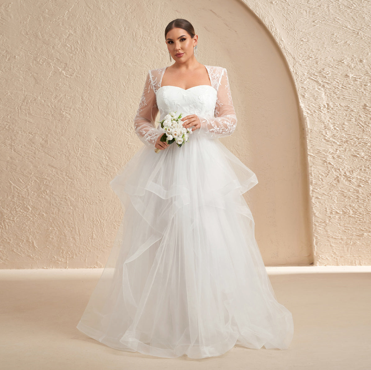 Luxury White Draped Long-Sleeve Ball Gown Wedding Dress SF603