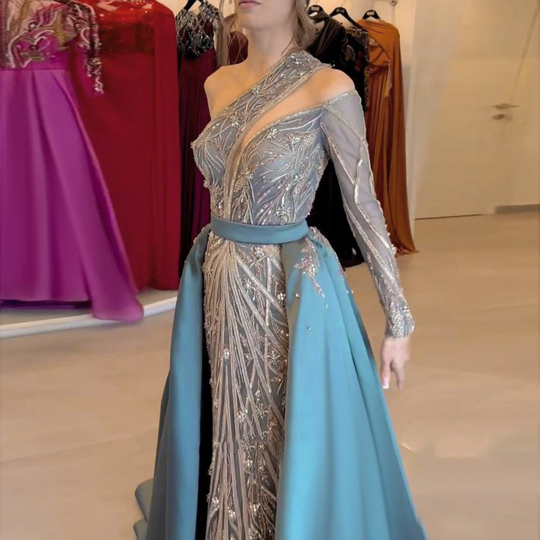 Luxury Beaded Turquoise One Shoulder Evening Dress with Overskirt SS307