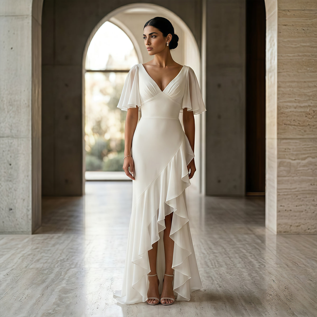 Elegant Ivory V-Neck Short Sleeve Ruffled Mermaid Evening Dress SF003