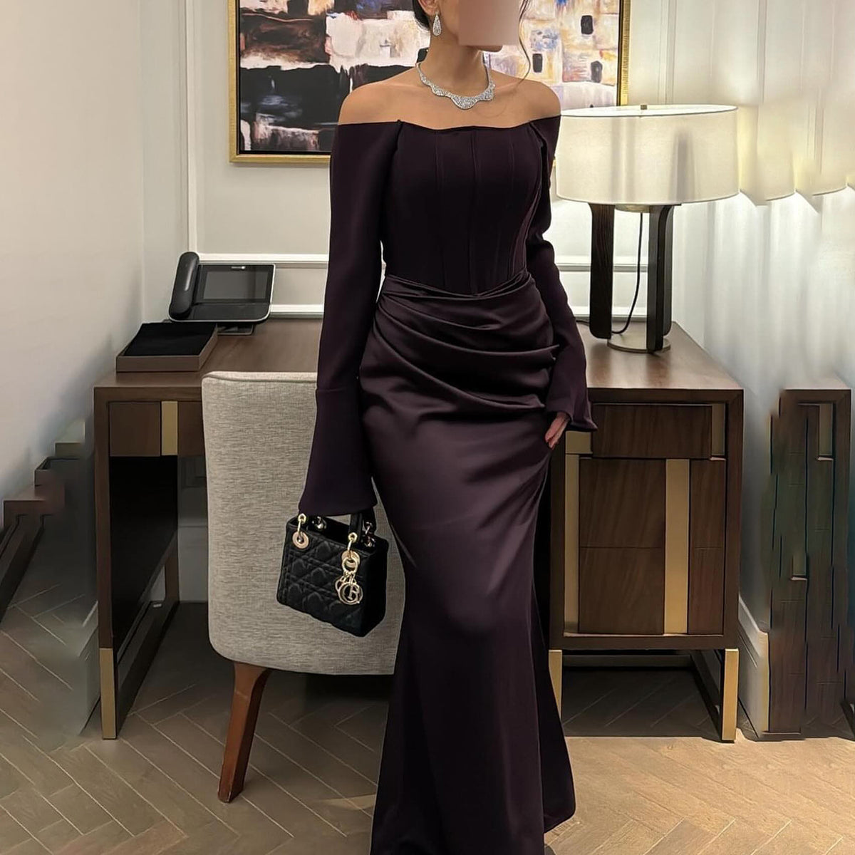 Elegant Off Shoulder Cabernet Satin Evening Dress SF509