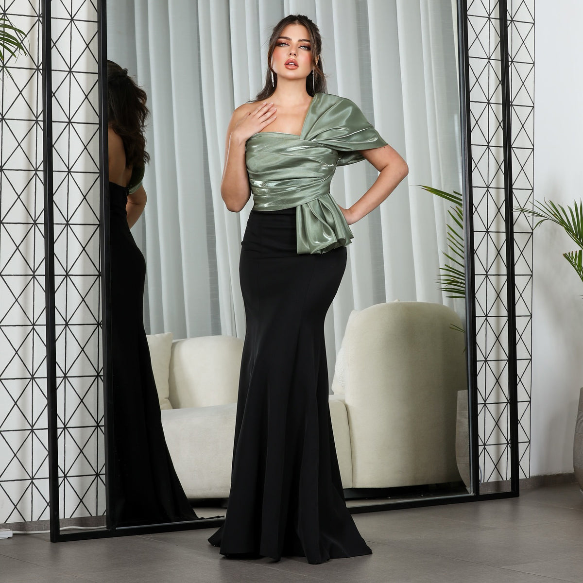 Elegant One Shoulder Green&Black Mermaid Evening Dress SF511