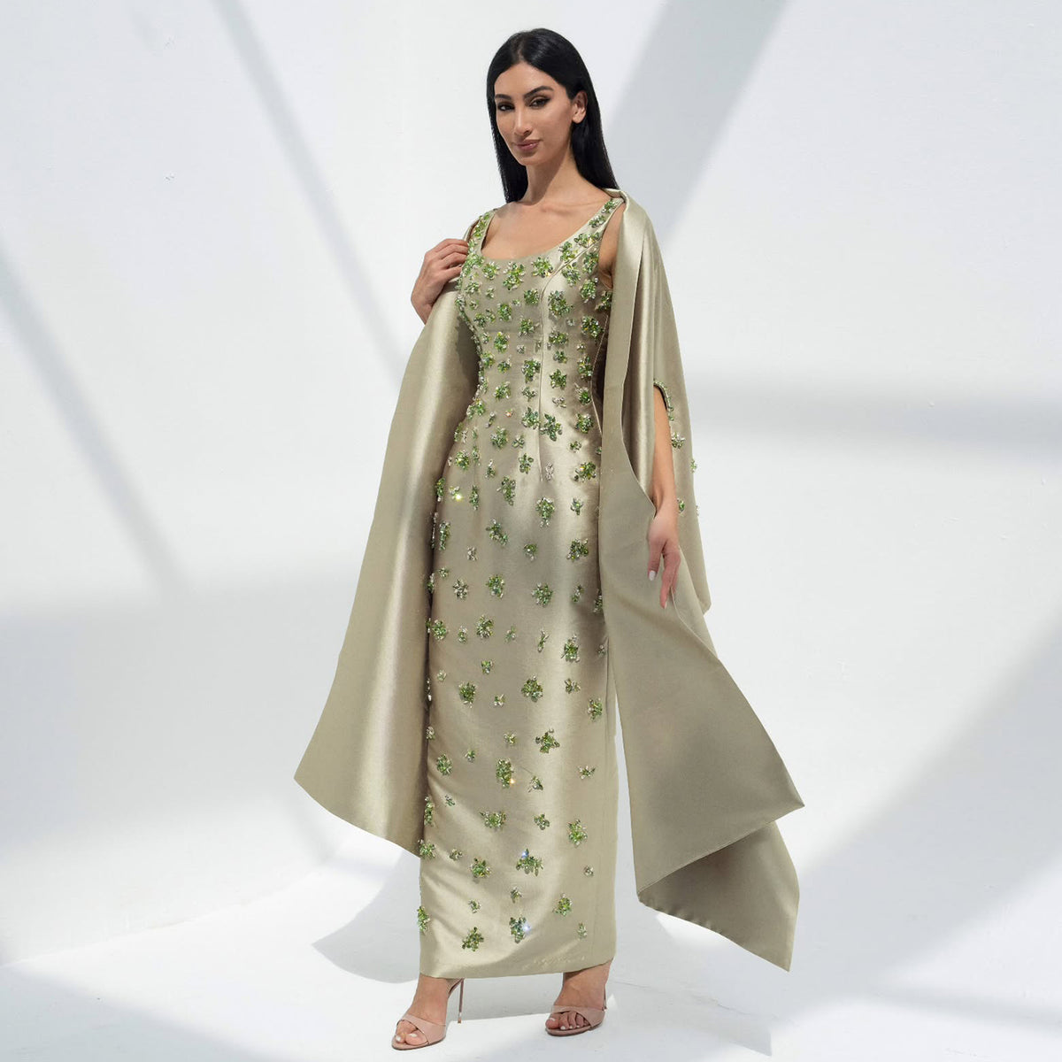Luxury Beaded Sage Green Evening Dress with Cape SS536