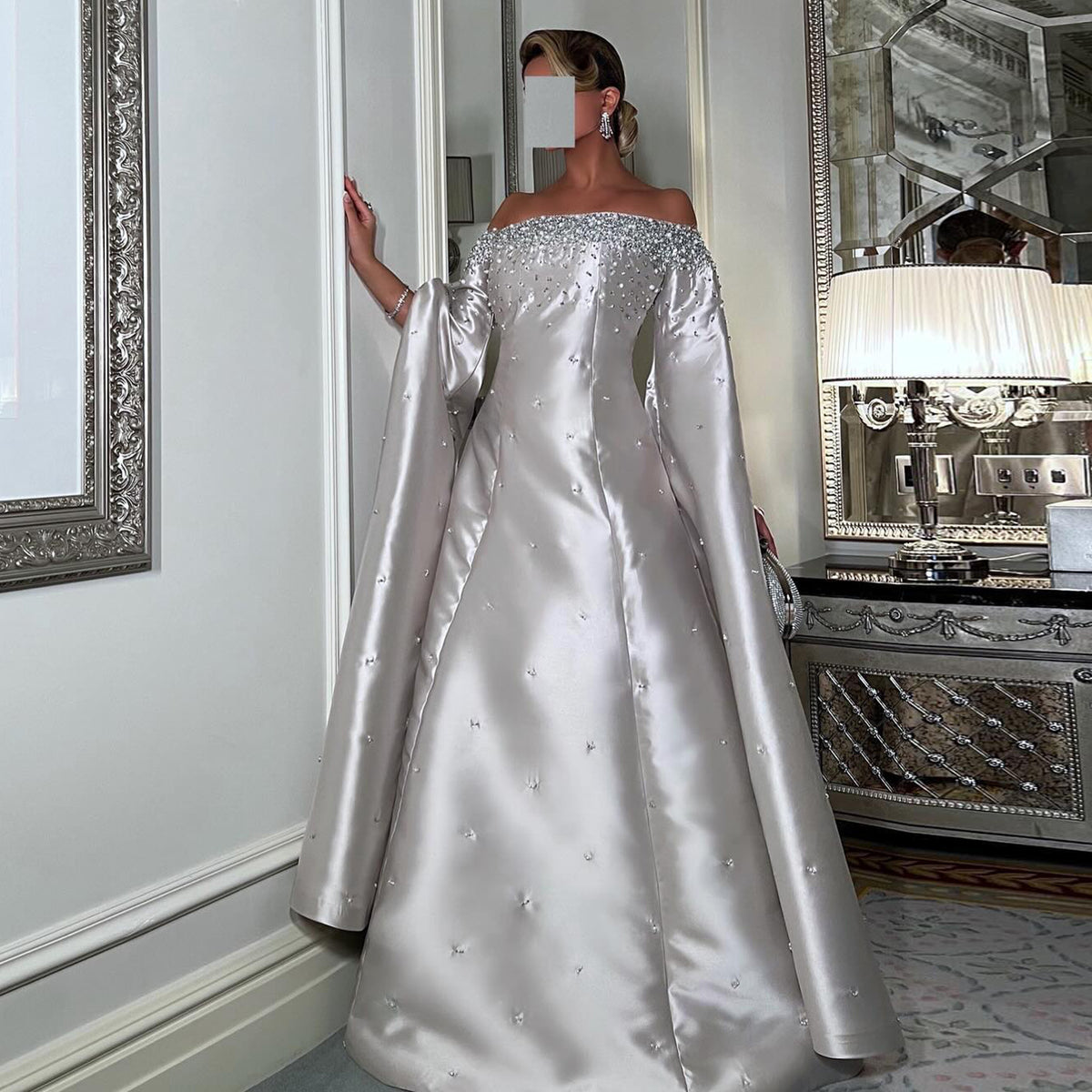 Luxury Beaded Gray Evening Dress with Cape Sleeve SS575