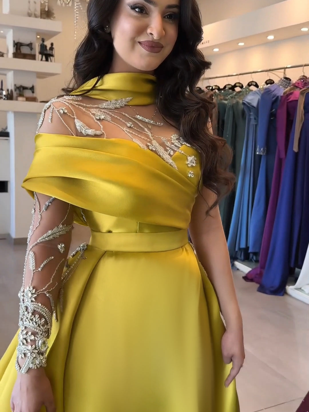 Graceful Crystal Yellow Evening Dress with Overskirt SS302