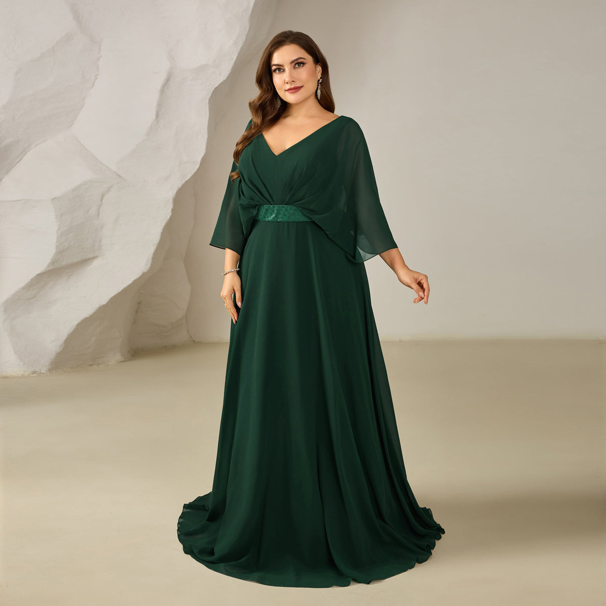 Luxury Emerald Green Pearl Evening Dress with Belt SF616