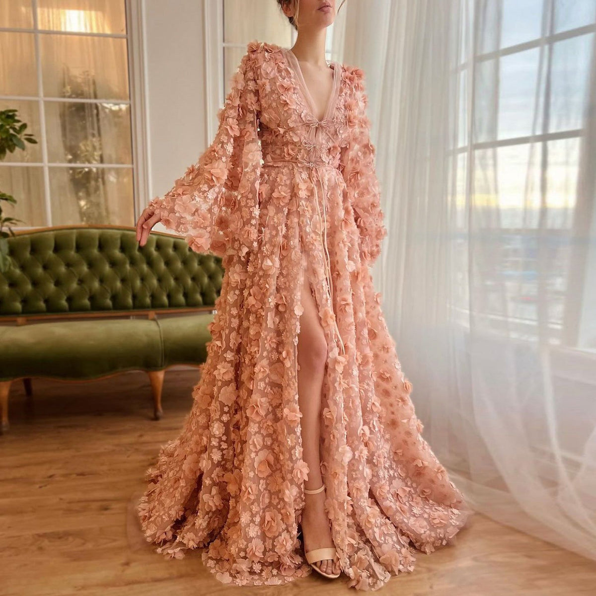 Elegant Peach-Pink V-Neck Evening Dress with 3D Flowers SS295