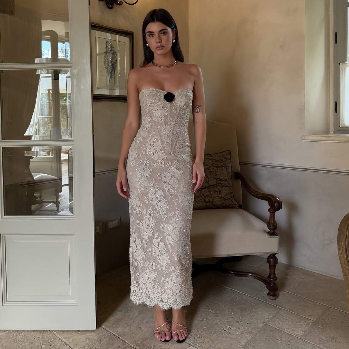 Elegant Champagne Strapless Floral Lace Midi Evening Dress SF158