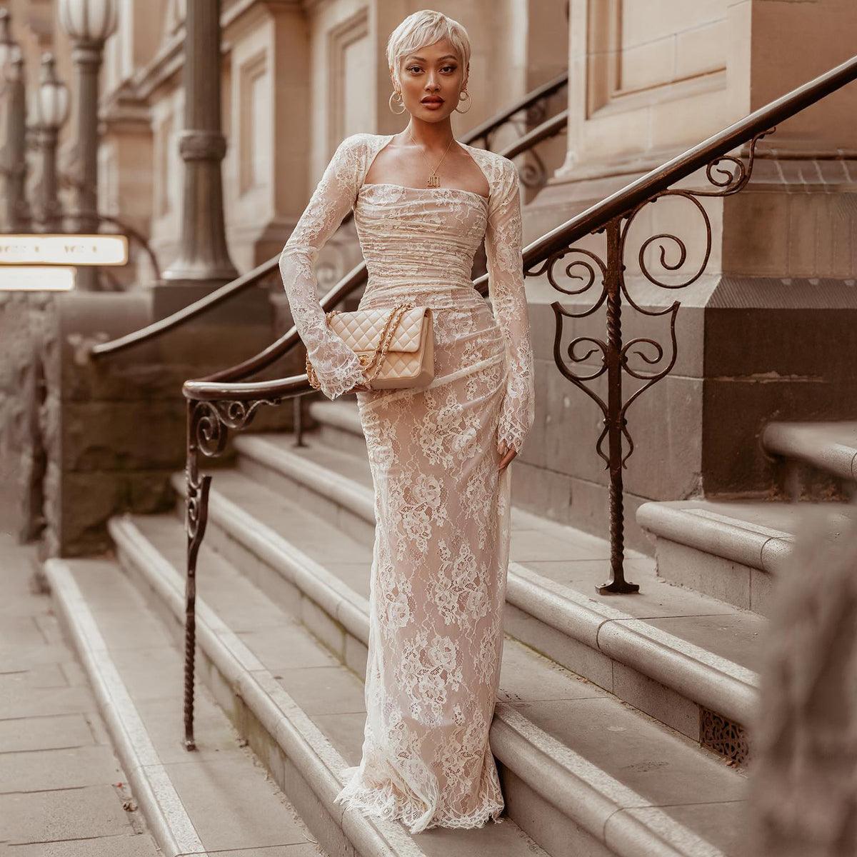 Luxury White Long Sleeves Lace Evening Dress SF371