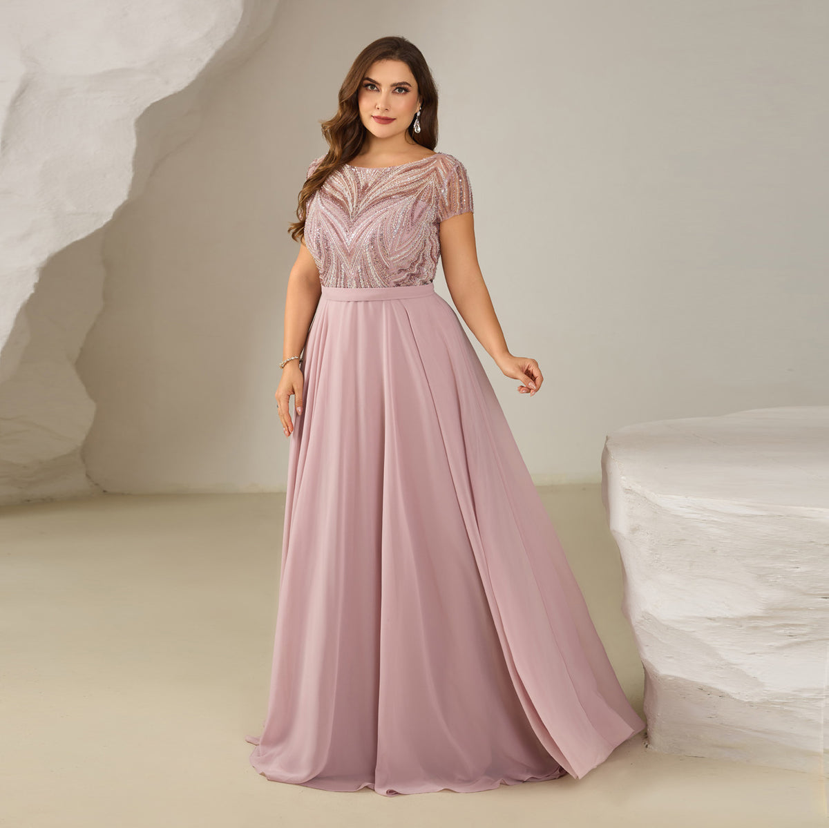 Glamorous Pink V-Neck Floor-Length Evening Dress SF601