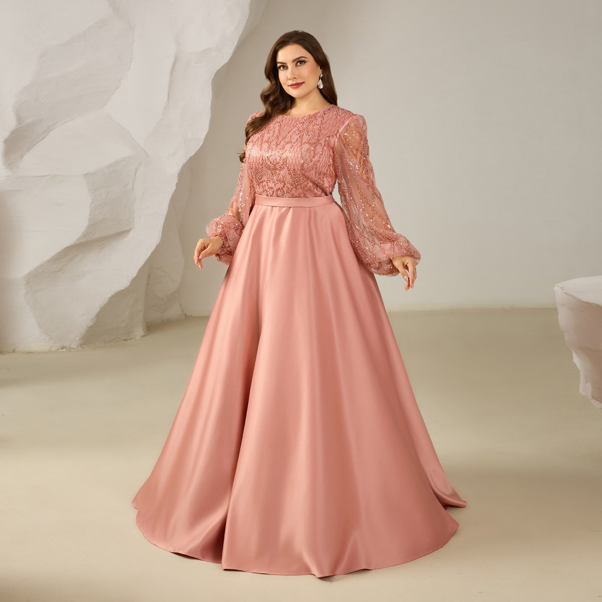 Elegant Pink Beaded Long-Sleeve A-Line Evening Dress SF620