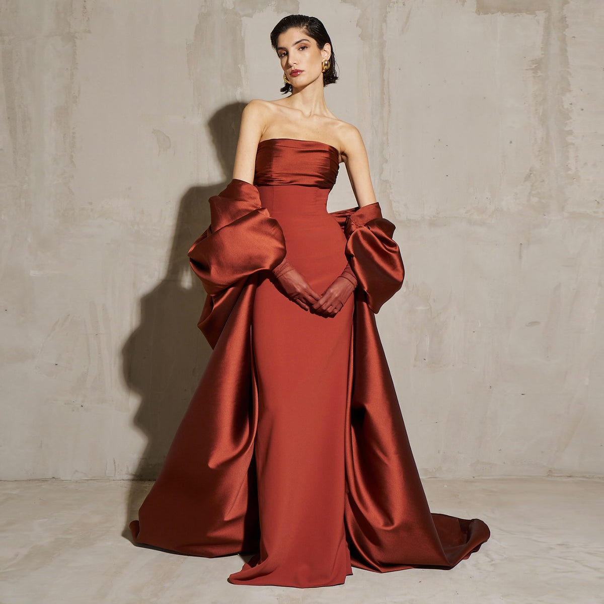 Elegant Rust Red Dramatic Sleeves Evening Dress with Gloves SF490