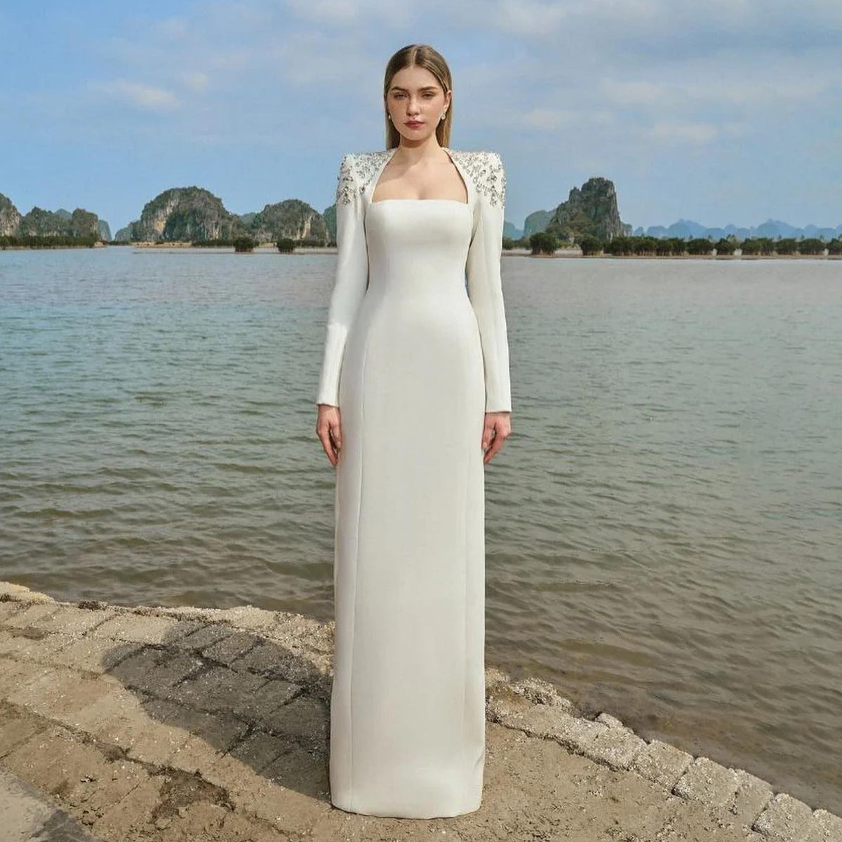 Elegant Crystal White Square Neck Evening Dress SF347