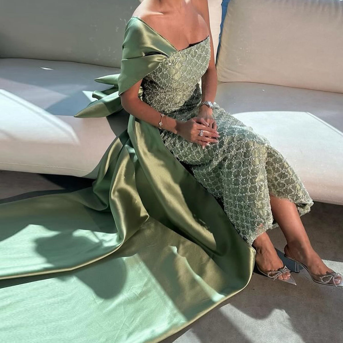 Luxury Sage Green Beaded Evening Dress with Cape SF047