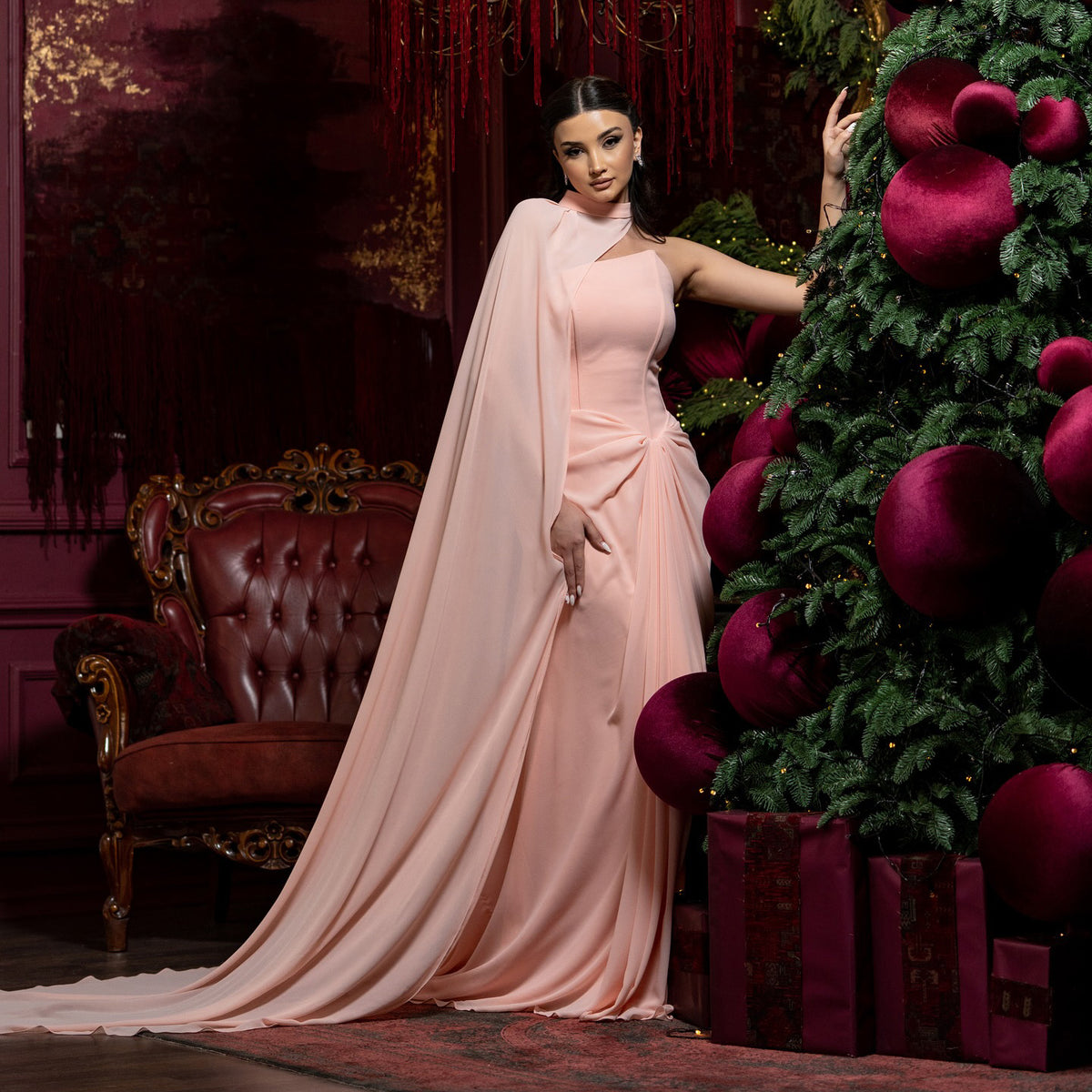 Elegant Strapless Pink Draped Evening Dress with Cape SF156