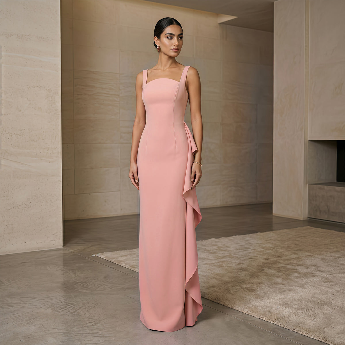 Elegant Pink Square Neck Satin Evening Dress with Side Ruffle SF041