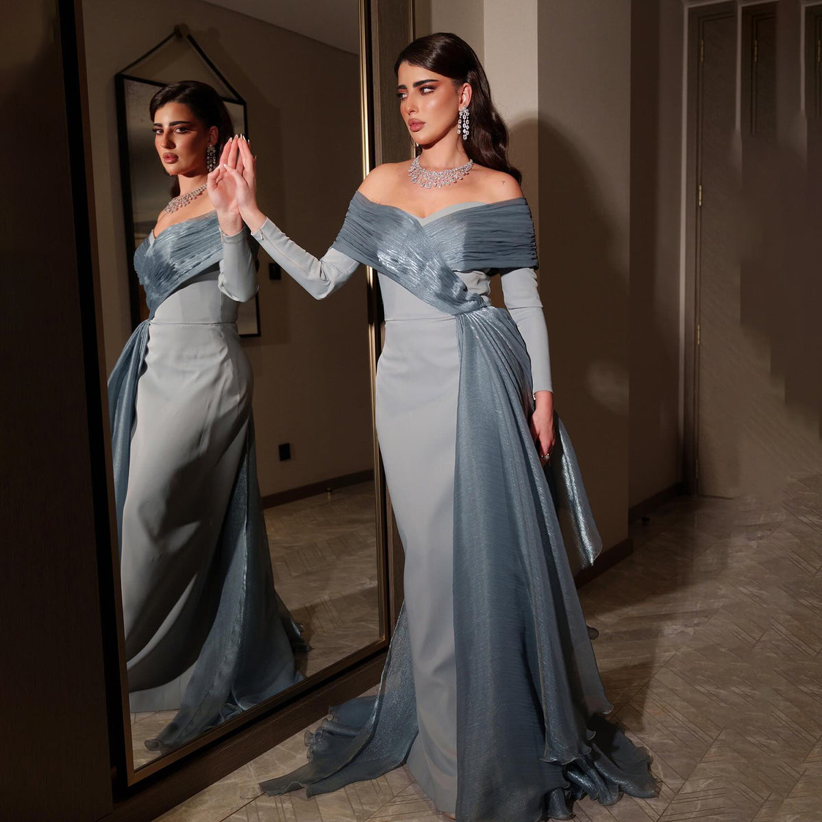 Elegant Off Shoulder Blue Pleats Evening Dress with Overskirt SF526