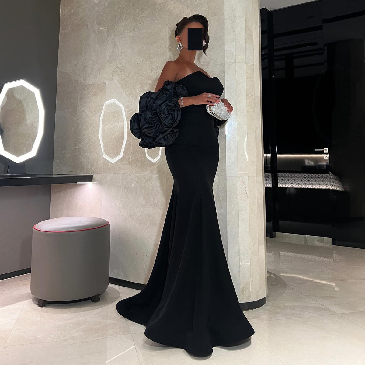 Elegant 3D Floral Black Mermaid Evening Dress SF115