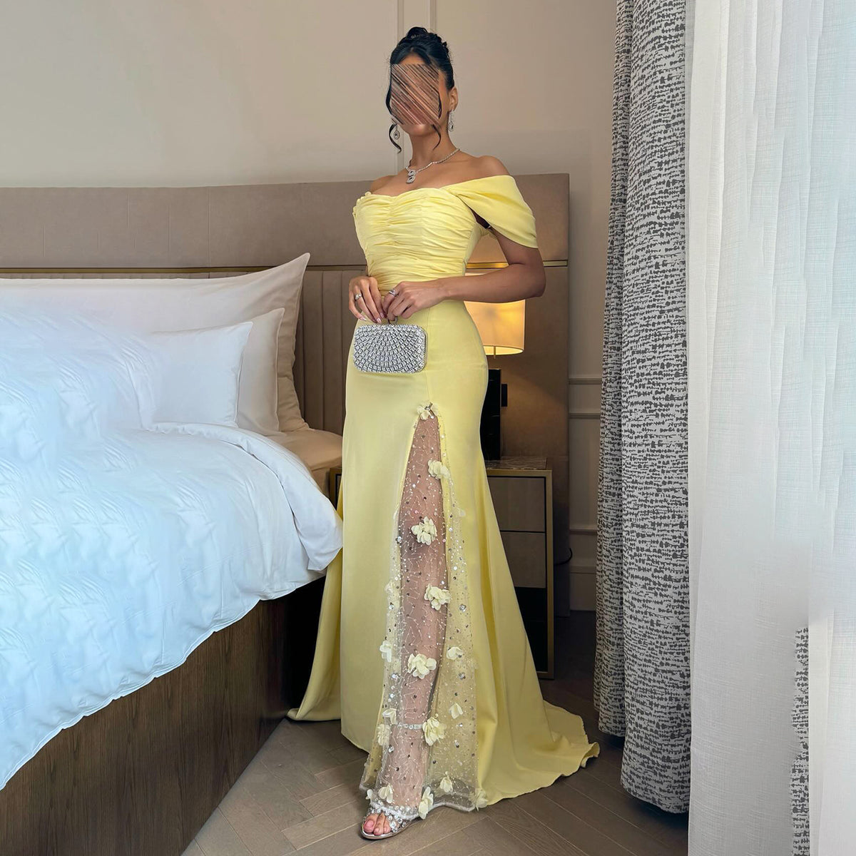 Luxury Yellow 3D Flowers Off Shoulder Evening Dress SF429