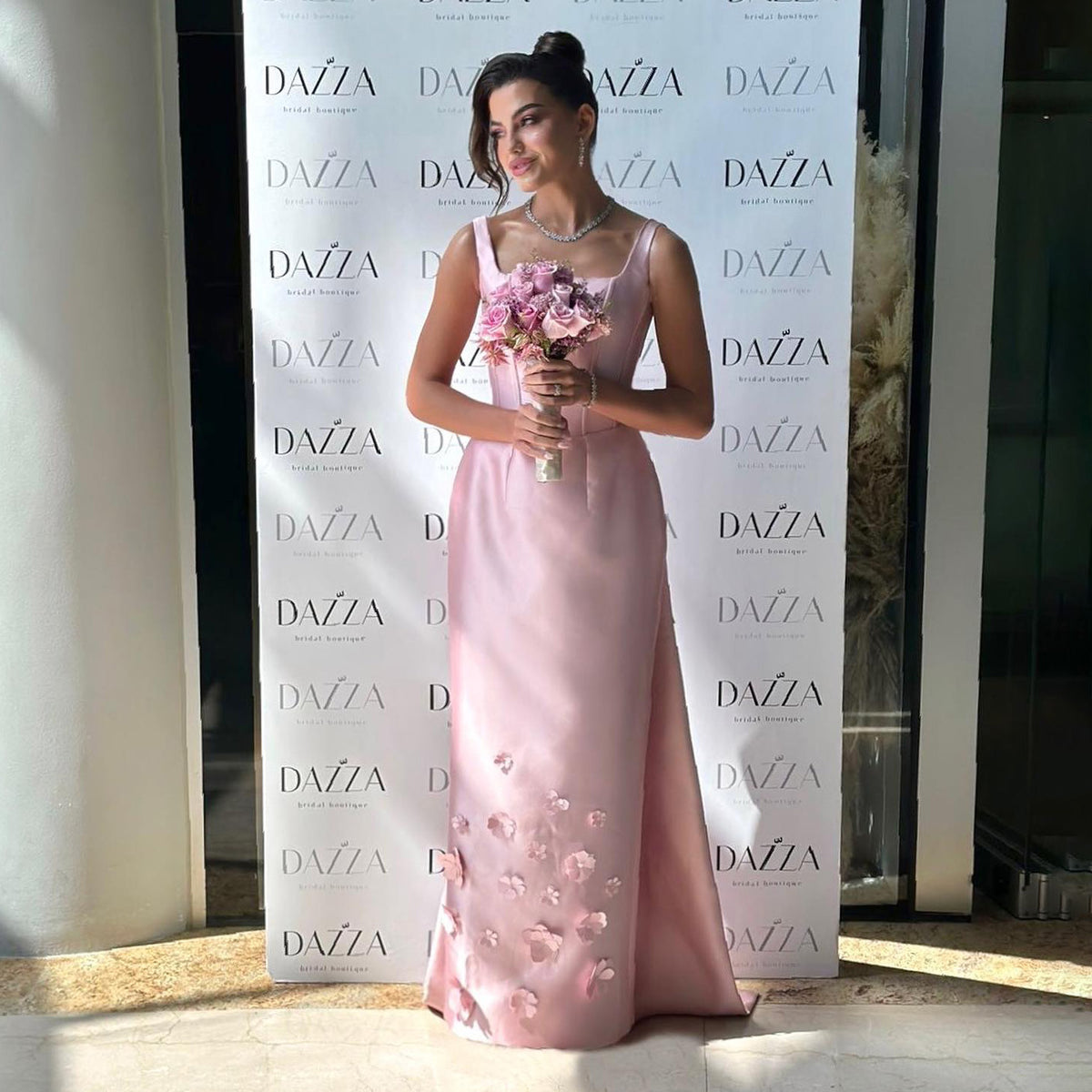 Luxury 3D Floral Pink Straps Evening Dress with Cape SF570