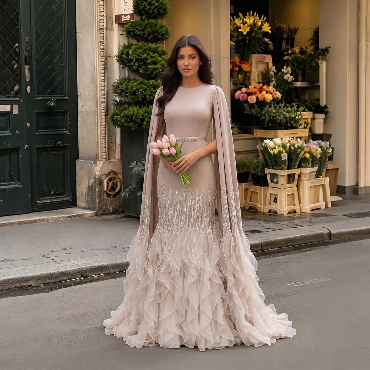 Luxury Nude Tiered Ruffles Mermaid Evening Dress with Cape Sleeves SS440