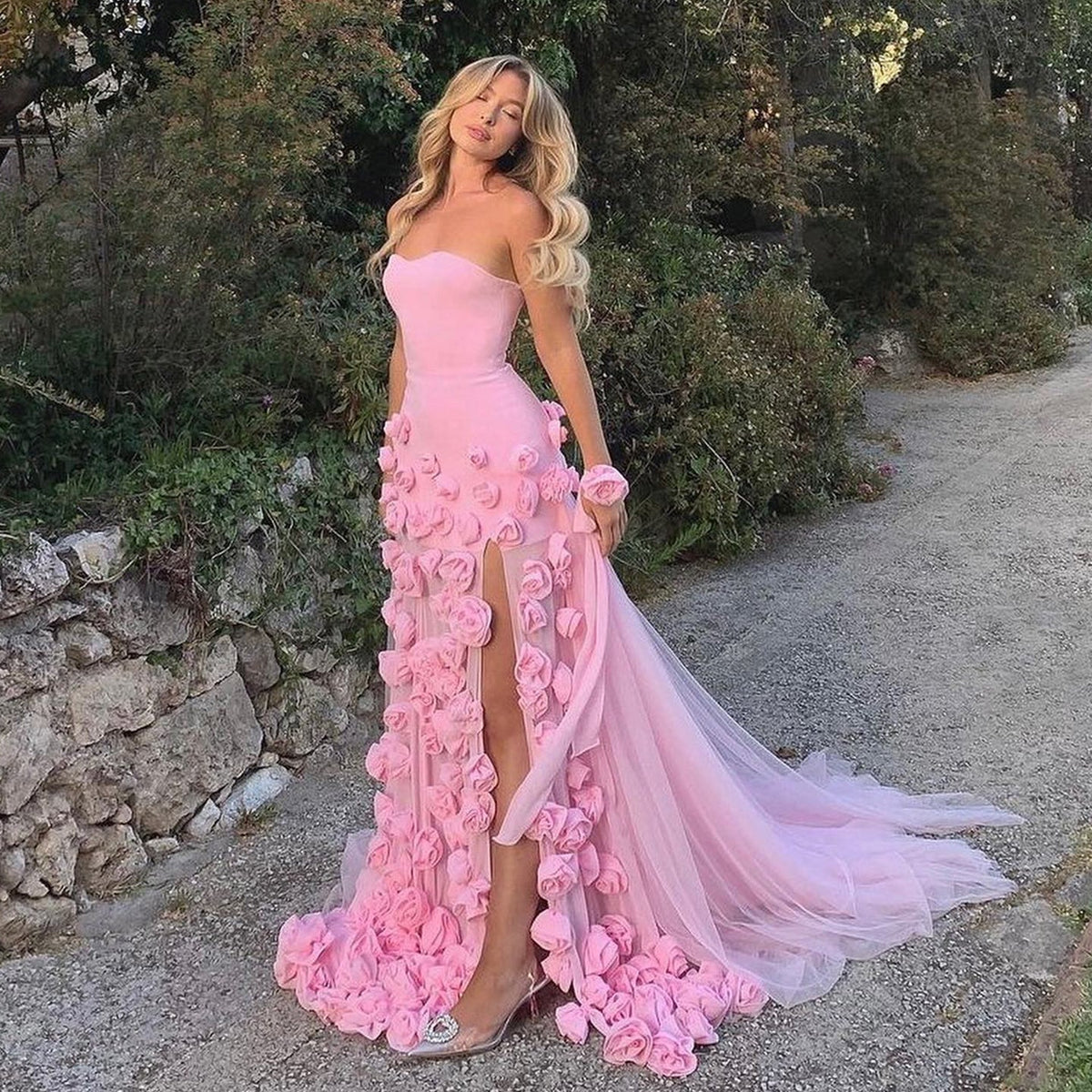Chic Pink 3D Flowers Mermaid Evening Dress with Side Slit SF009