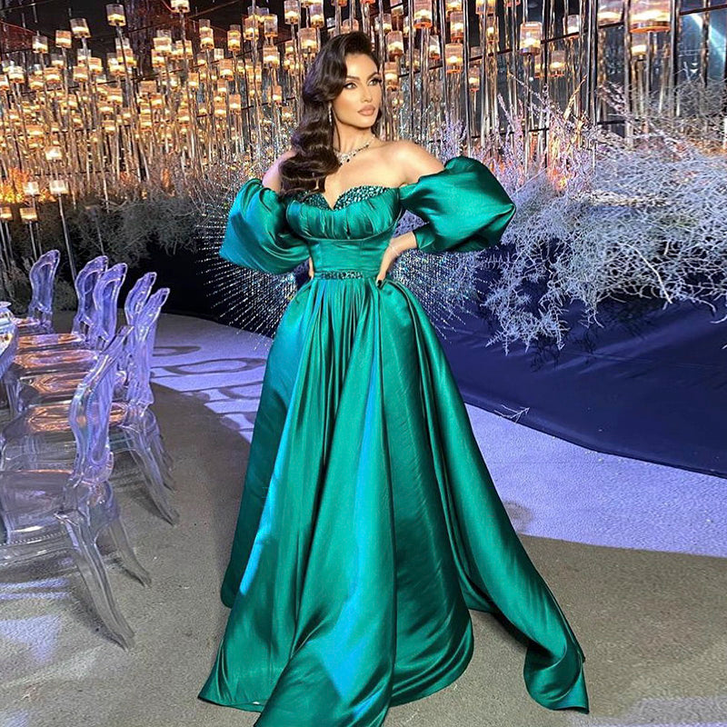 Elegant Green Beaded A-Line Puff Sleeves Evening Dress SF312