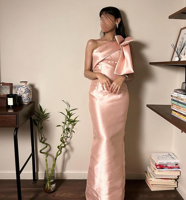 Elegant Bow Pink One Shoulder Satin Evening Dress SF295