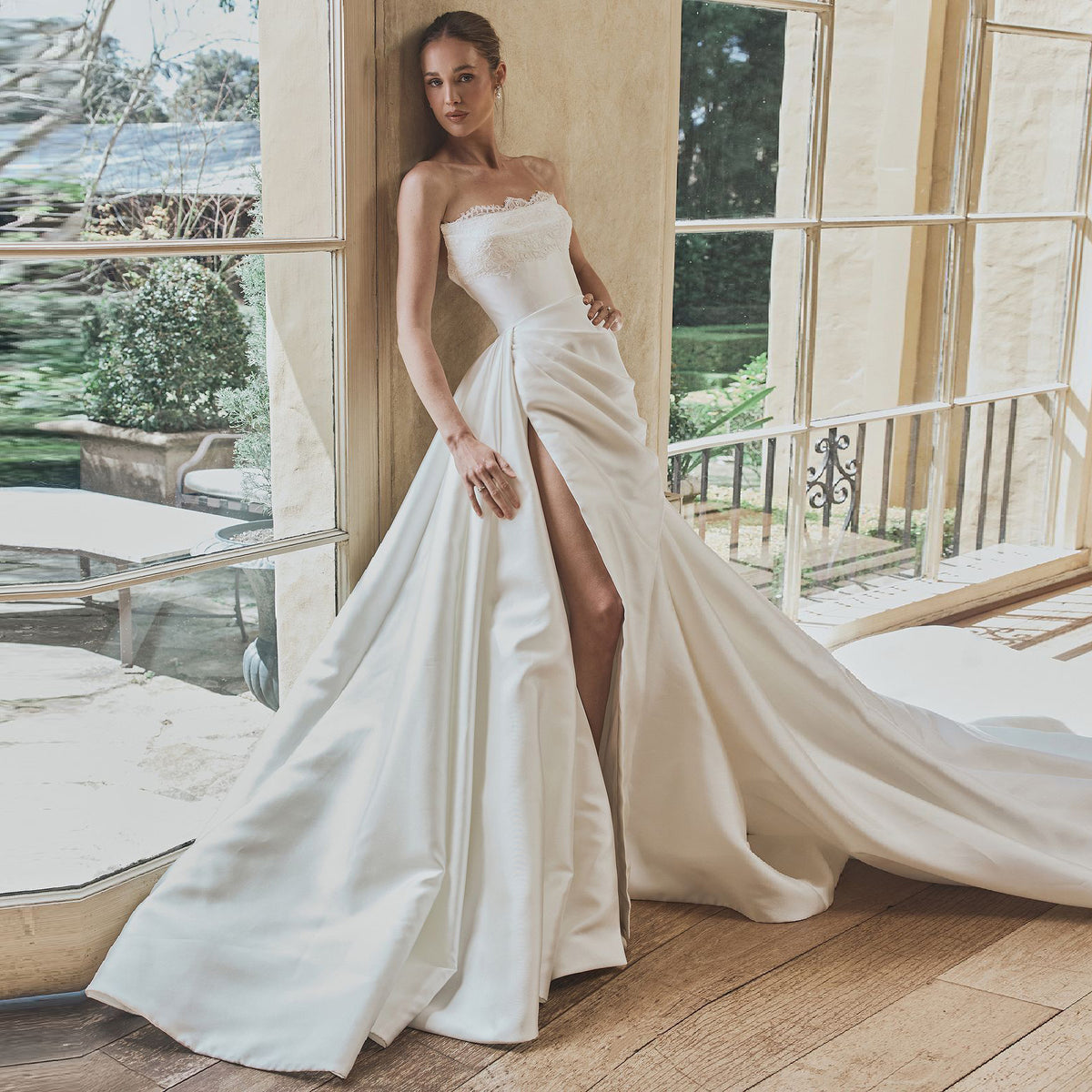 women's a line wedding dresses Stacees 2026 A-line Sweetheart Satin Chapel Train Wedding Dress with Pockets Split