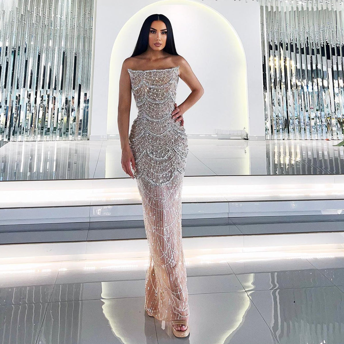 Luxury Pearls Silver Nude Strapless Evening Dress SS108