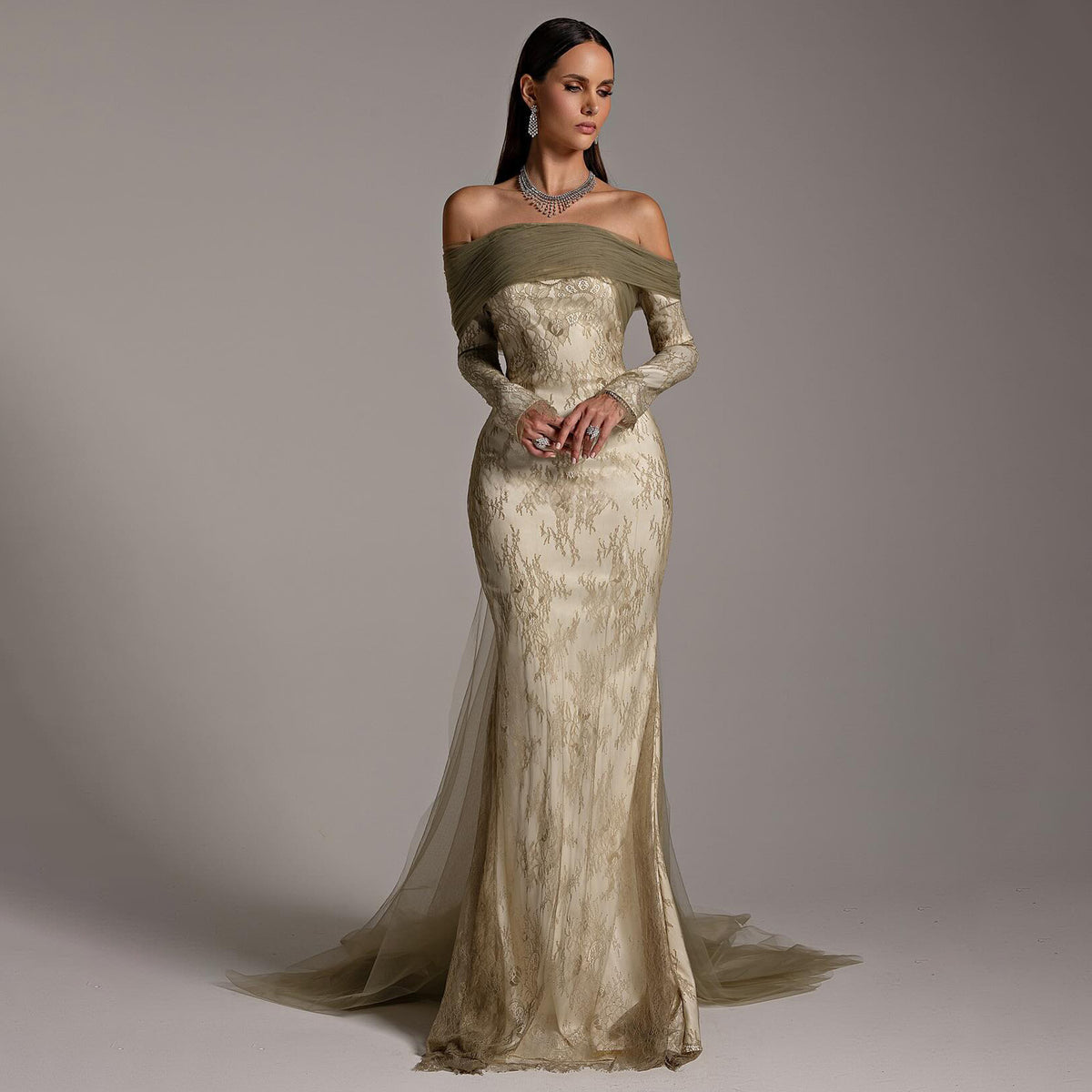 Elegant Green Off Shoulder Lace Evening Dress SF254