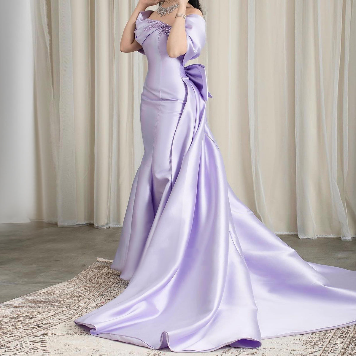 Luxury Pearls Lavender Mermaid Bows Evening Dress with Overskirt SF084