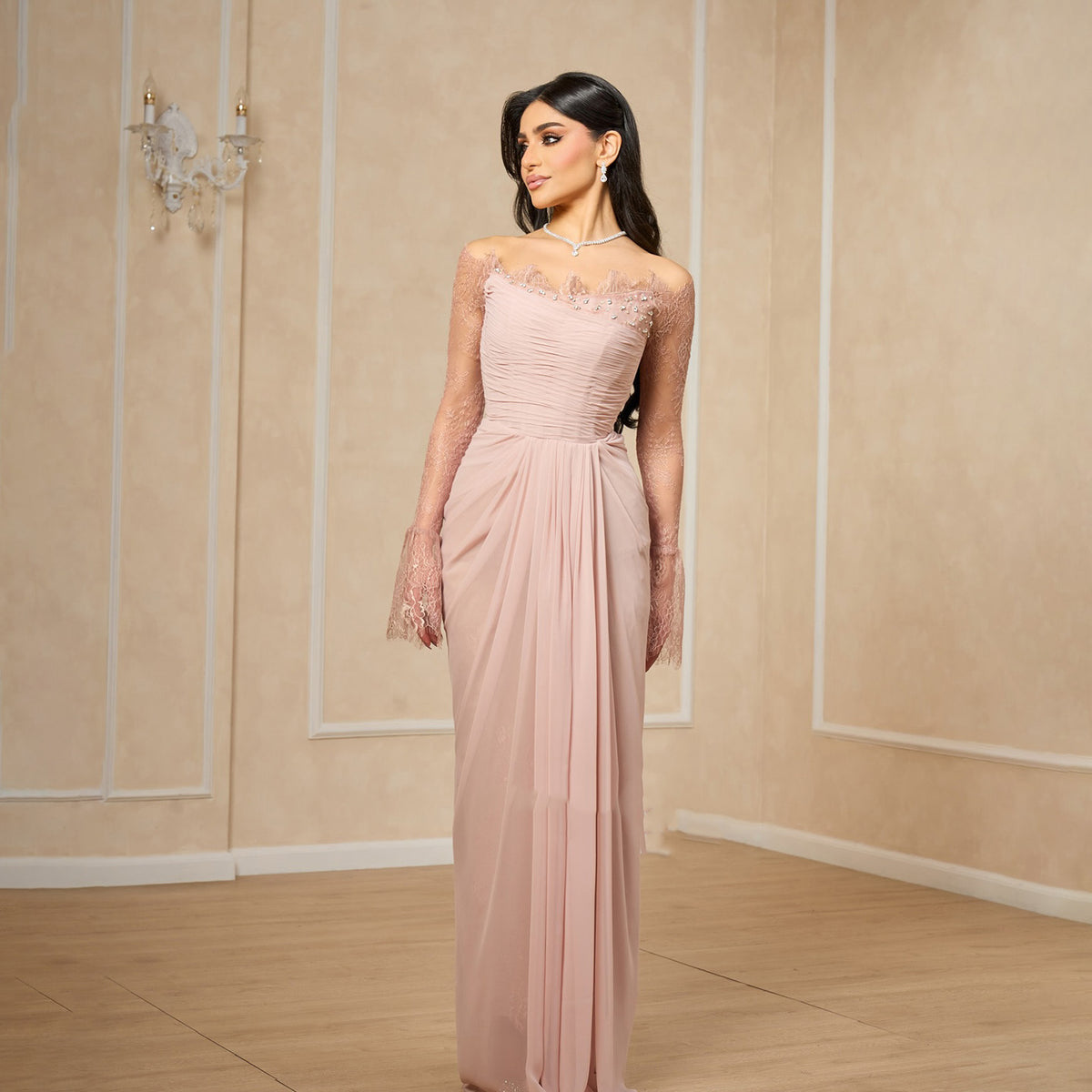 Elegant Beaded Pink Draped Chiffon Evening Dress SF177