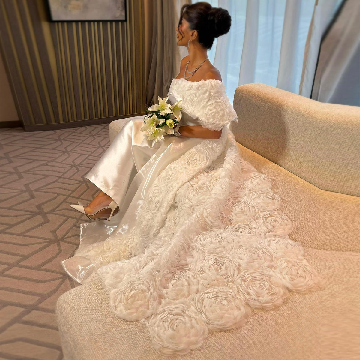 Elegant 3D Floral White One Shoulder Evening Dress SF044