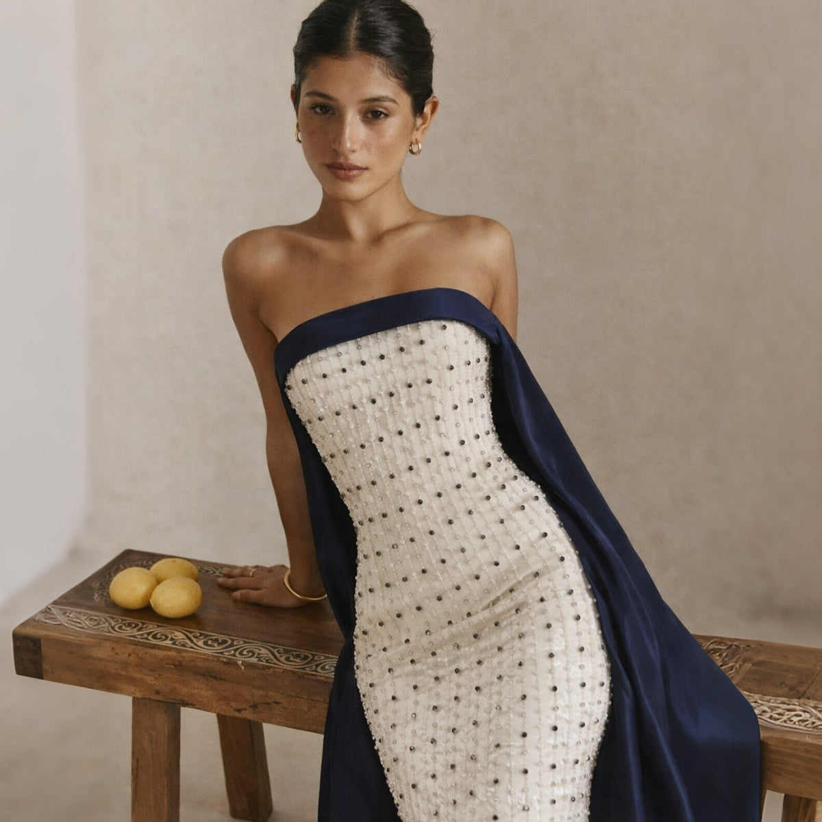 Luxury Beaded White Strapless Evening Dress with Cape SS422