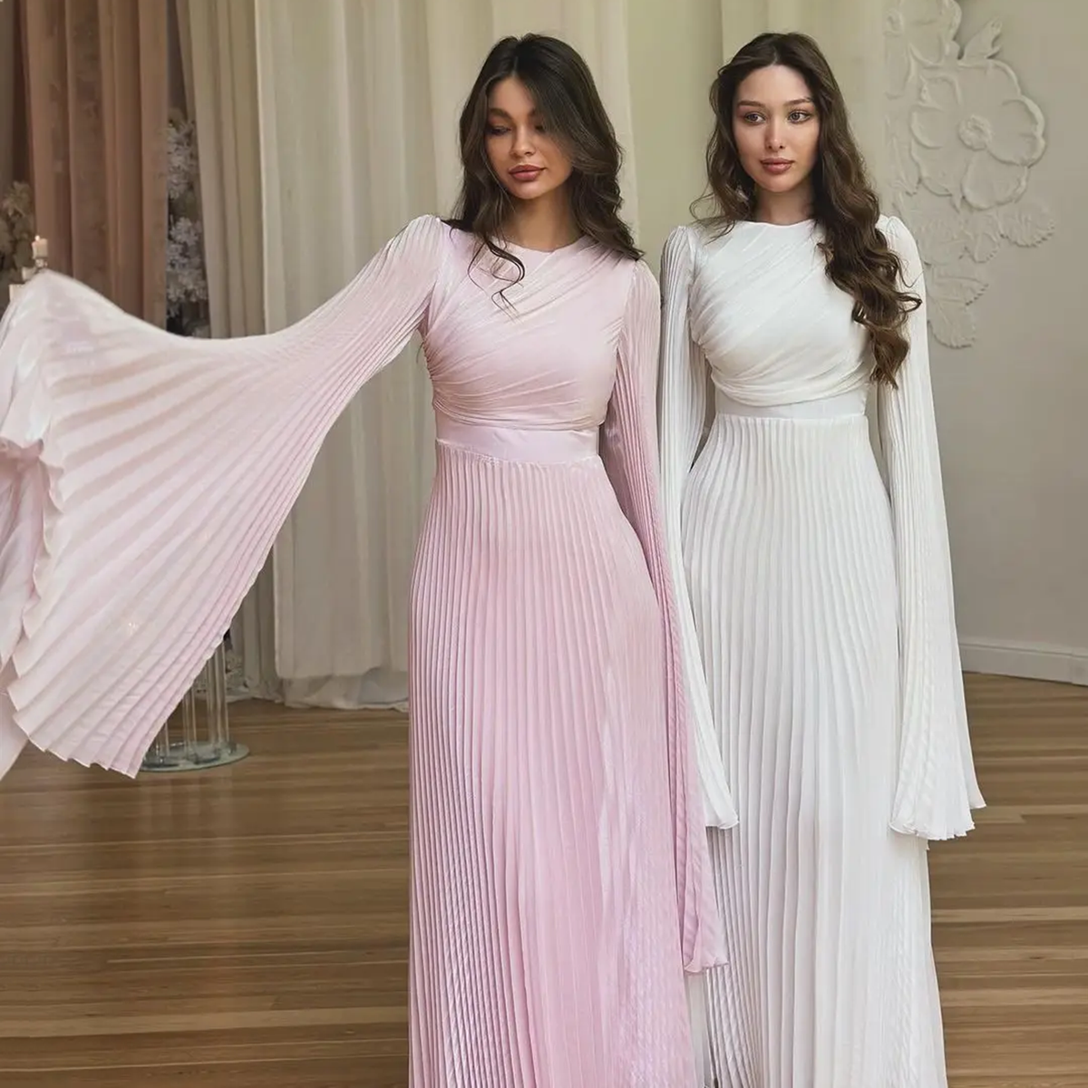 Elegant Pink Chiffon Evening Dress with Cape Sleeve SF070