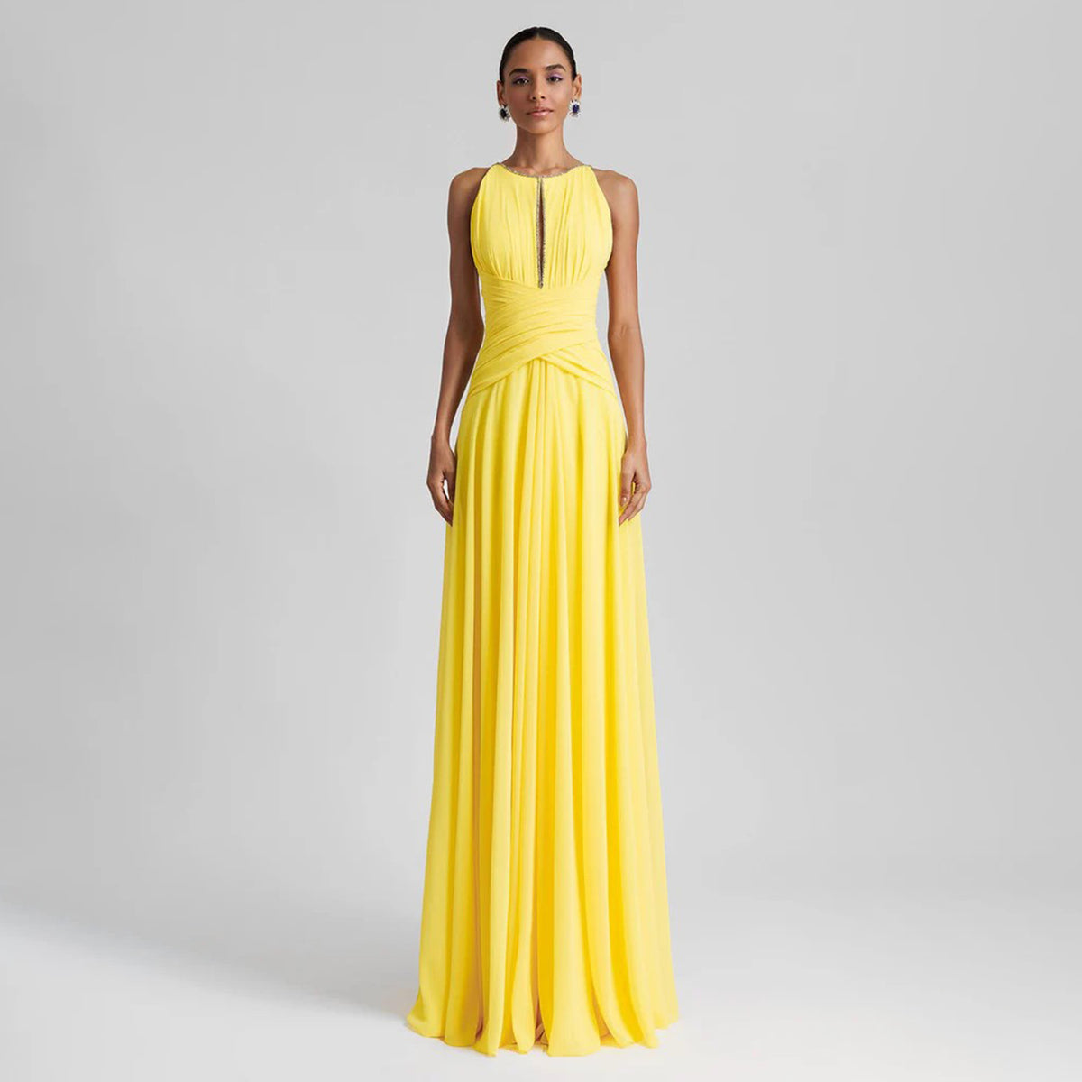 Luxury Beaded Yellow Scoop Neck A-Line Evening Dress SF290