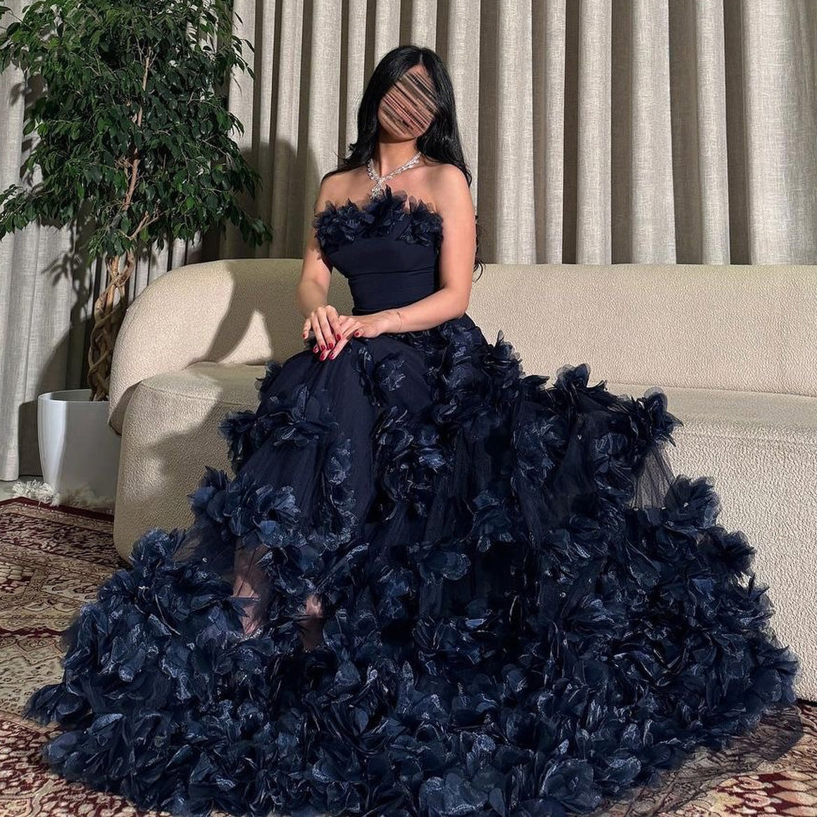 Luxury 3D Floral Dark Navy Strapless Evening Dress SF221